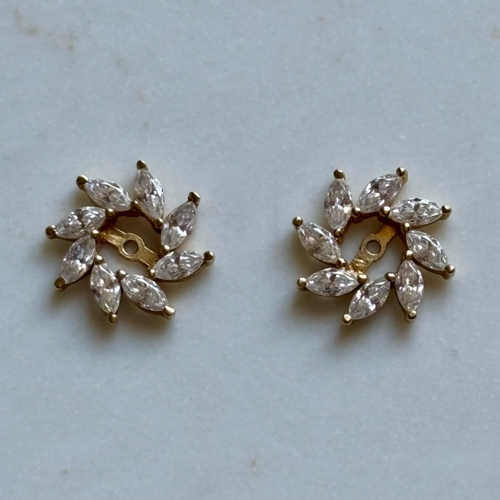 Vintage 14K Gold CZ Earring Jackets Marquise Halo Diamond Stud Enhancer - Picture 2 of 6